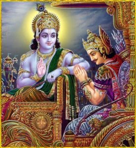 De krijger Arjuna buigt voor Krishna